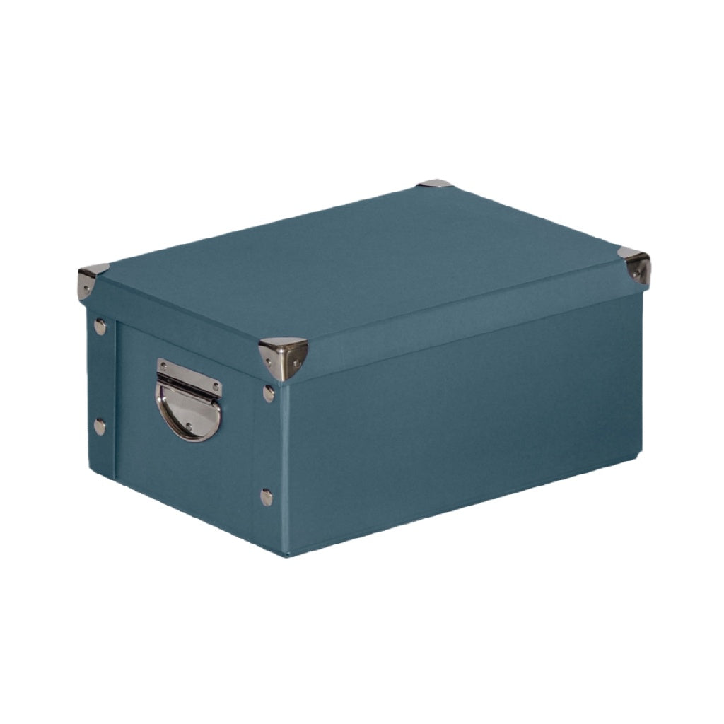 Boîte de rangement en tissu bleu avec coins métalliques et poignée
