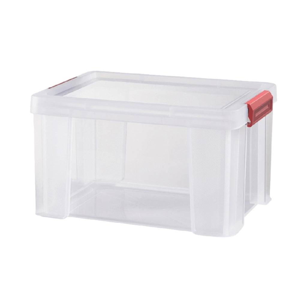 Boîte de rangement transparente avec couvercle et poignées rouges