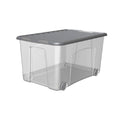 Boîte de rangement transparente avec roulettes et couvercle gris