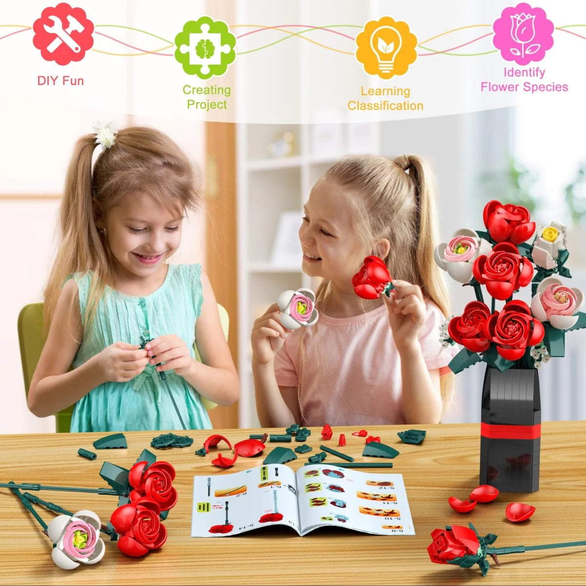 Rose Bouquet Building Kit, 841 PCS DIY Floral Display with Vase