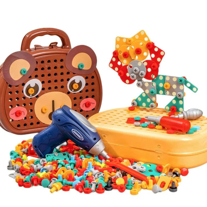 Montessori Toolbox Set with Drill, 204 Pieces in Bear & Dog Suitcase