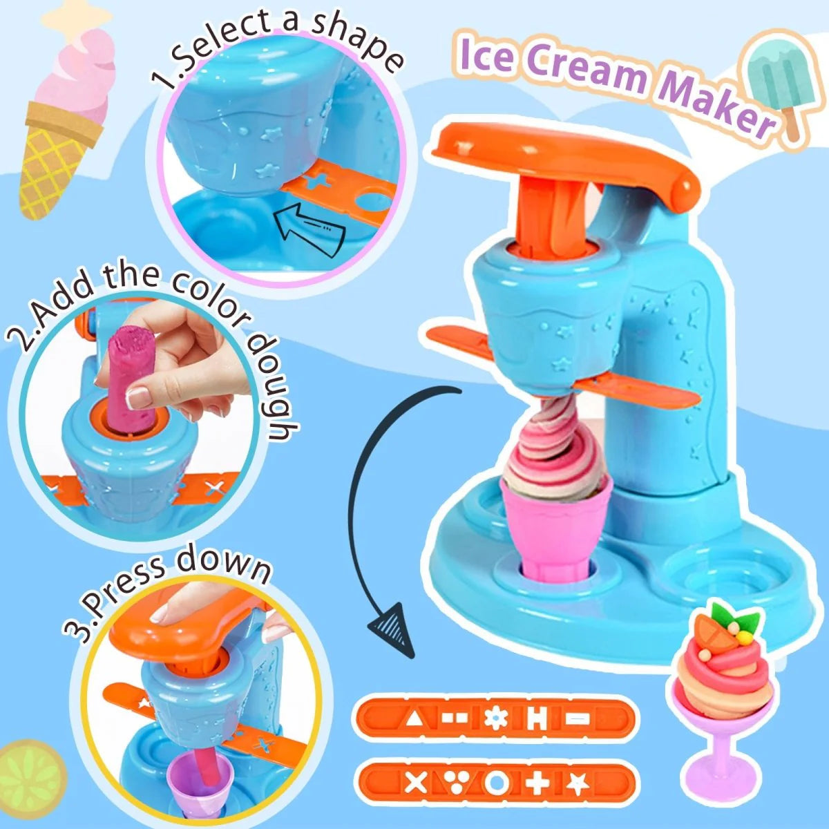 3 in 1 Dough Kitchen Toy Set, Ice Cream Noodle Hamburger Maker Kit